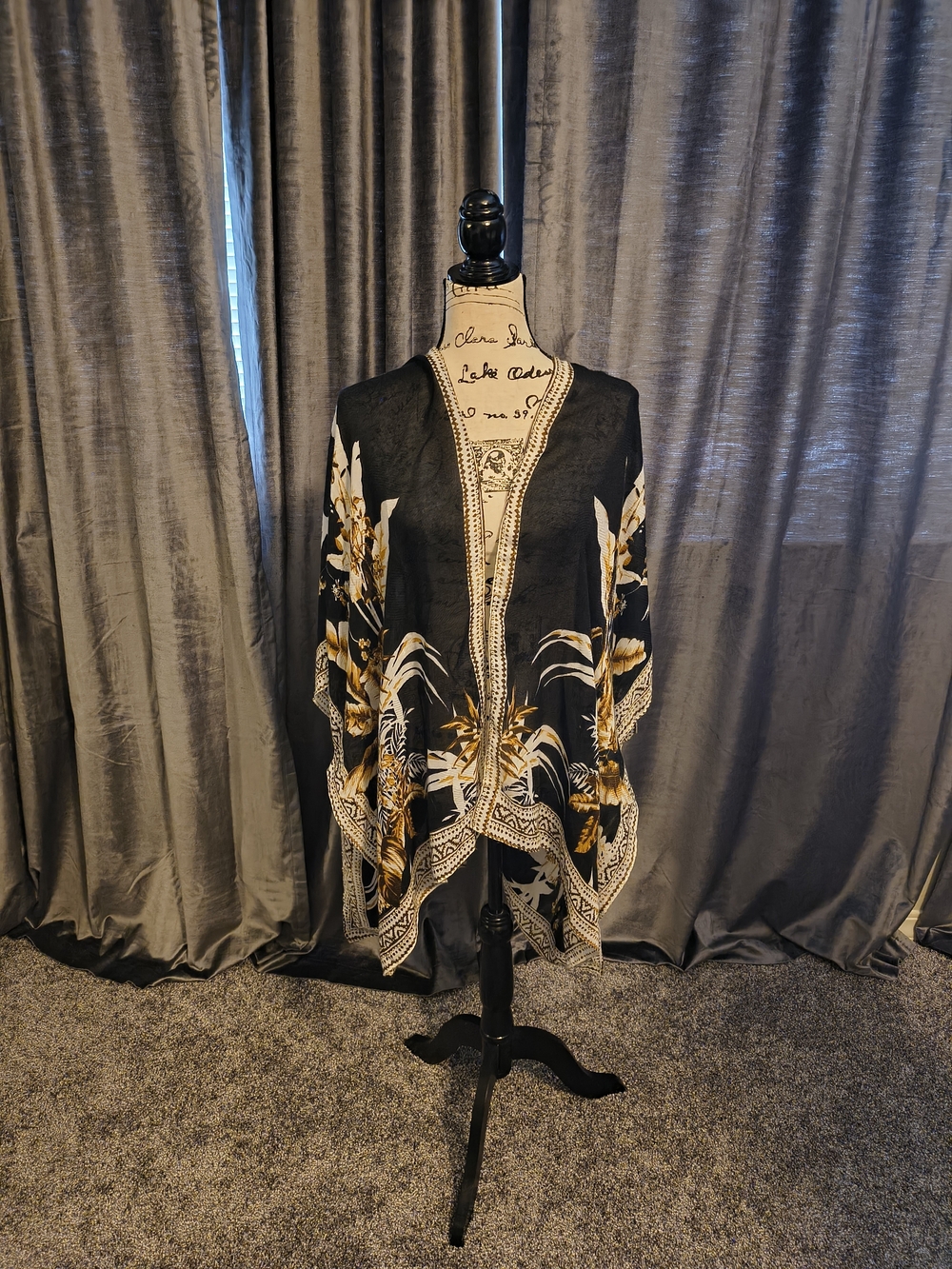 Vince Camuto Black Kimono with Gold Floral Trim